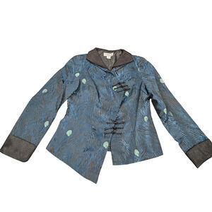 Dragon Silk 100% Silk Black Blue Green Peacock Jacket Blazer Size L Asian